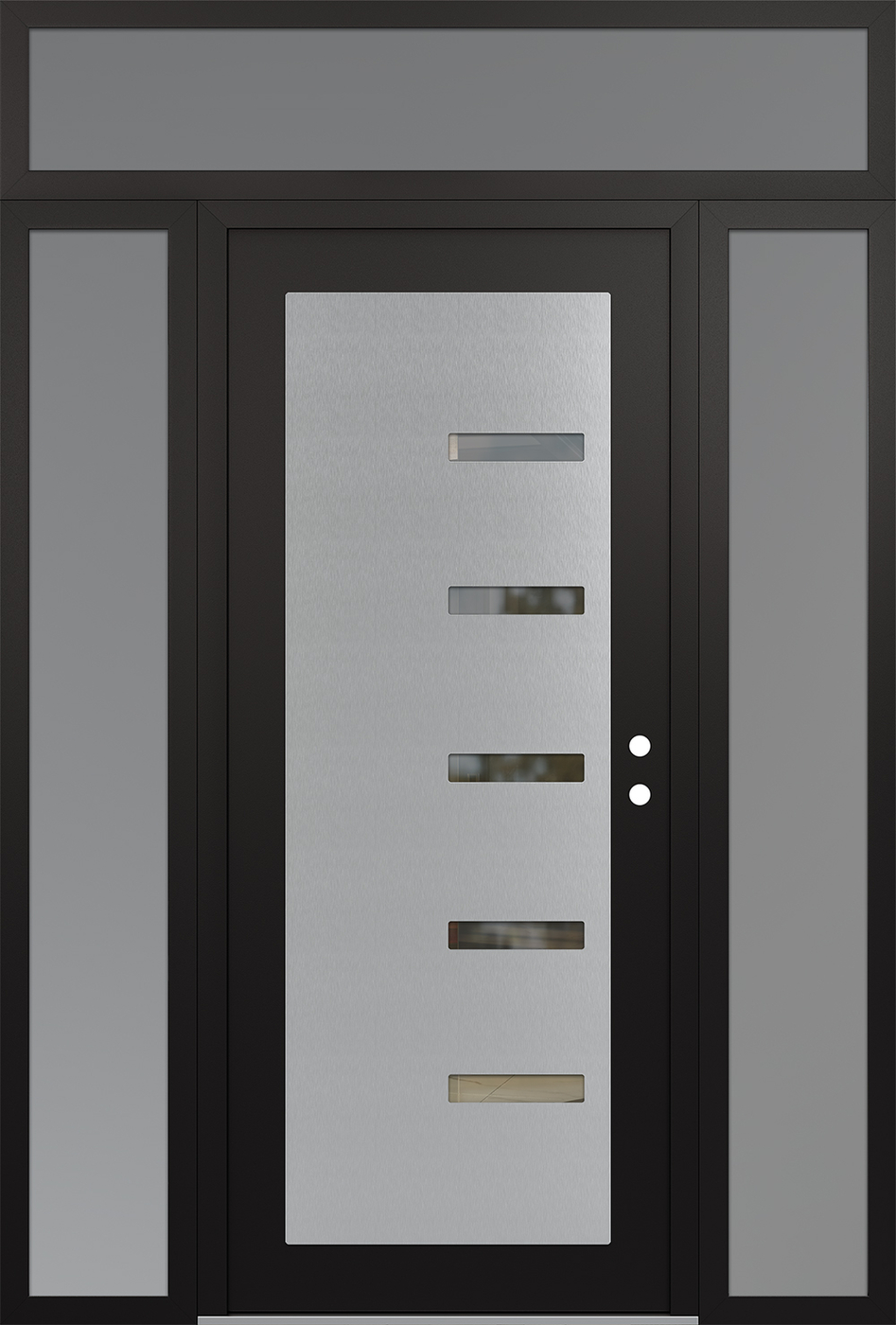 Modern Steel Front Door Diamond C8 60" x 96" black/black clear Glass Panel stainless steel LHI with 2 Sidelites and Transom frosted Glass