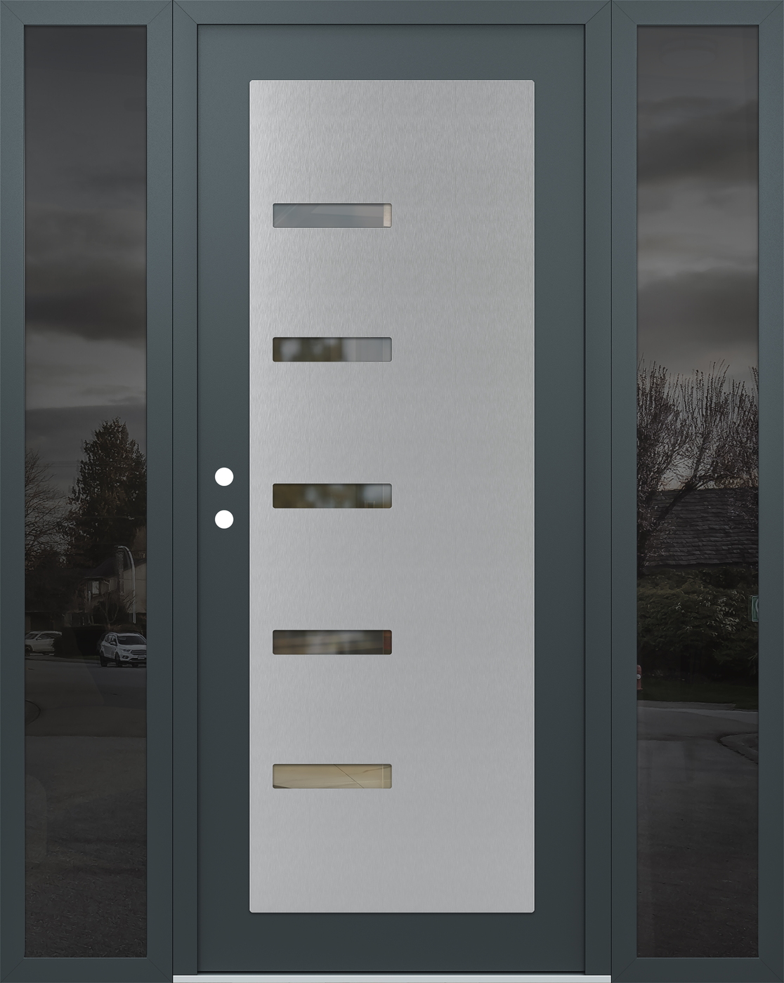 Modern Steel Front Door Diamond C8 64" x 80" anthracite/anthracite clear Glass Panel stainless steel RHI with 2 Sidelites mirrored Glass