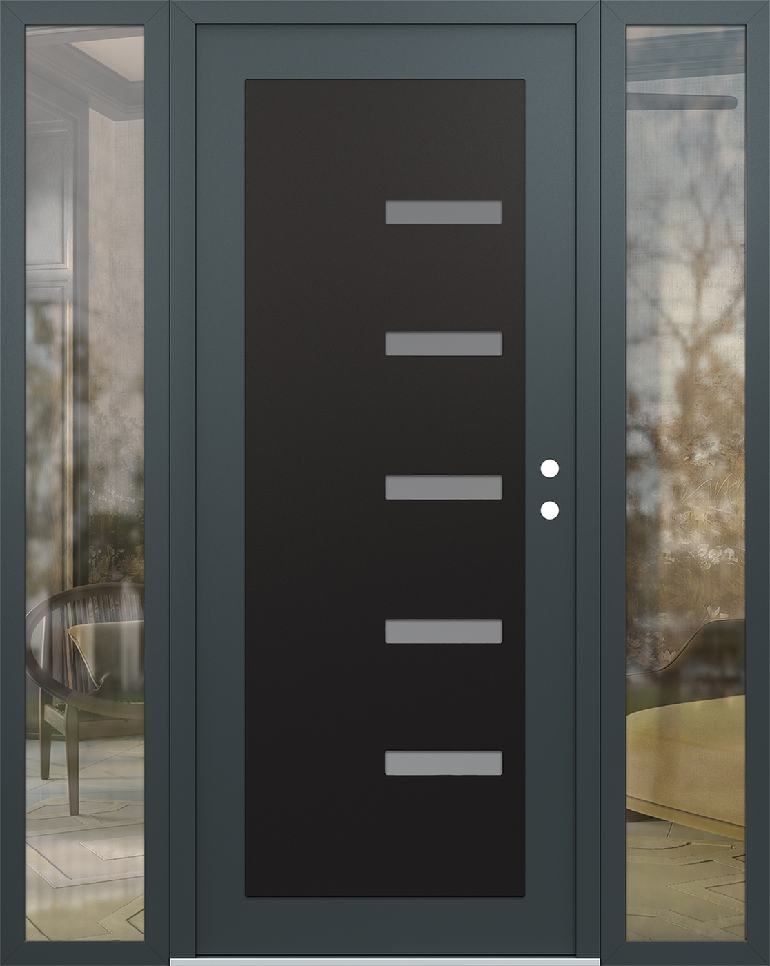 Modern Steel Front Door Diamond C8 64" x 80" anthracite/anthracite frosted Glass Panel black LHI with 2 Sidelites clear Glass
