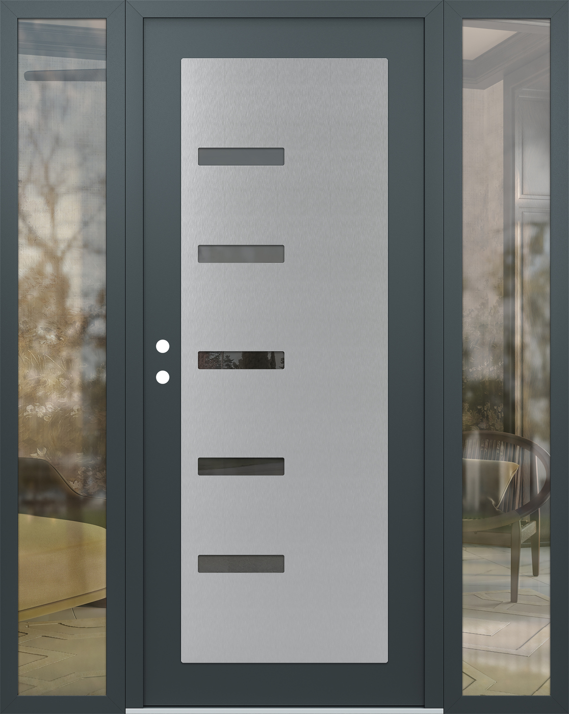 Modern Steel Front Door Diamond C8 64" x 80" anthracite/anthracite mirrored Glass Panel stainless steel RHI with 2 Sidelites clear Glass