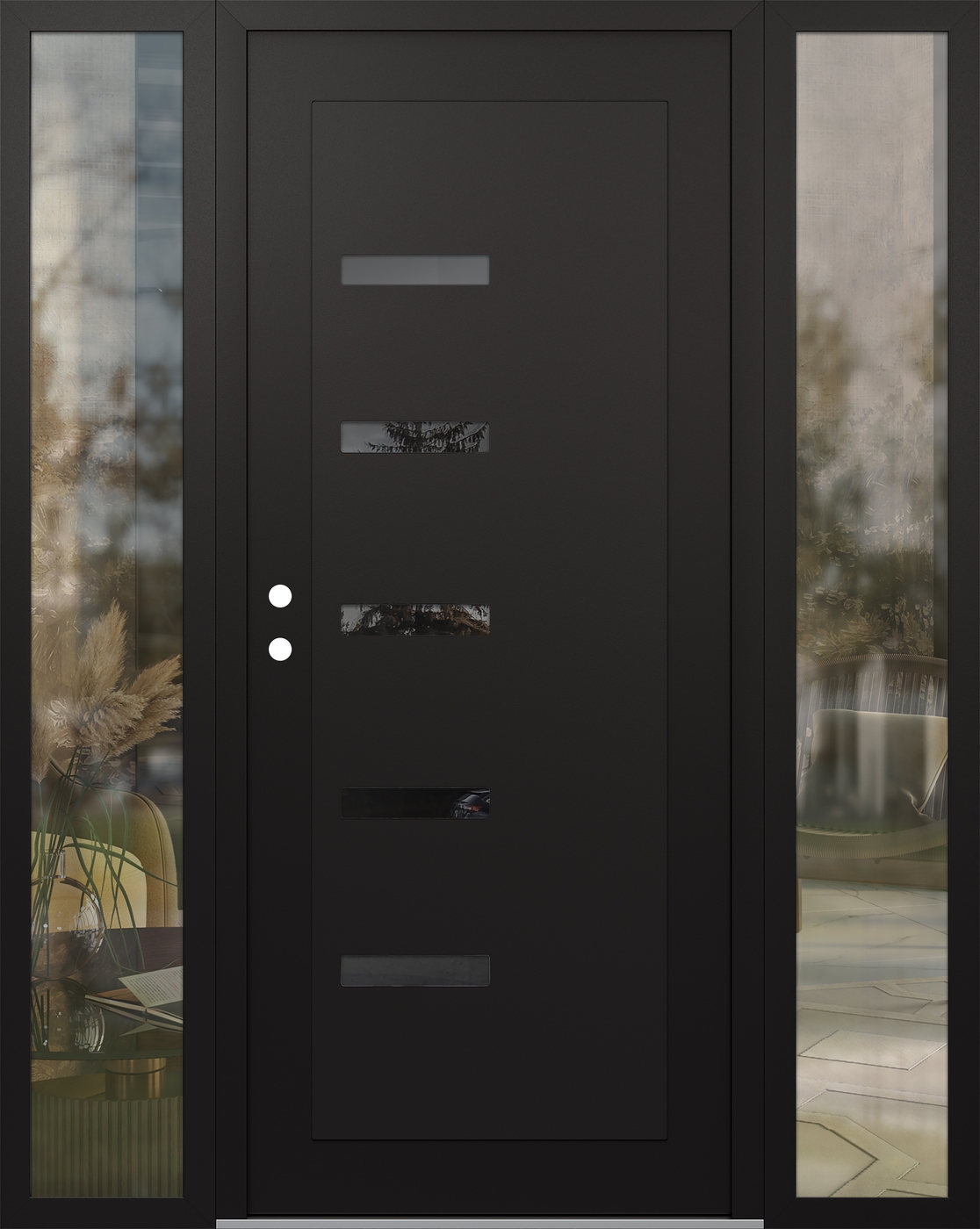 Modern Steel Front Door Diamond C8 64" x 80" black/black mirrored Glass Panel black RHI with 2 Sidelites clear Glass