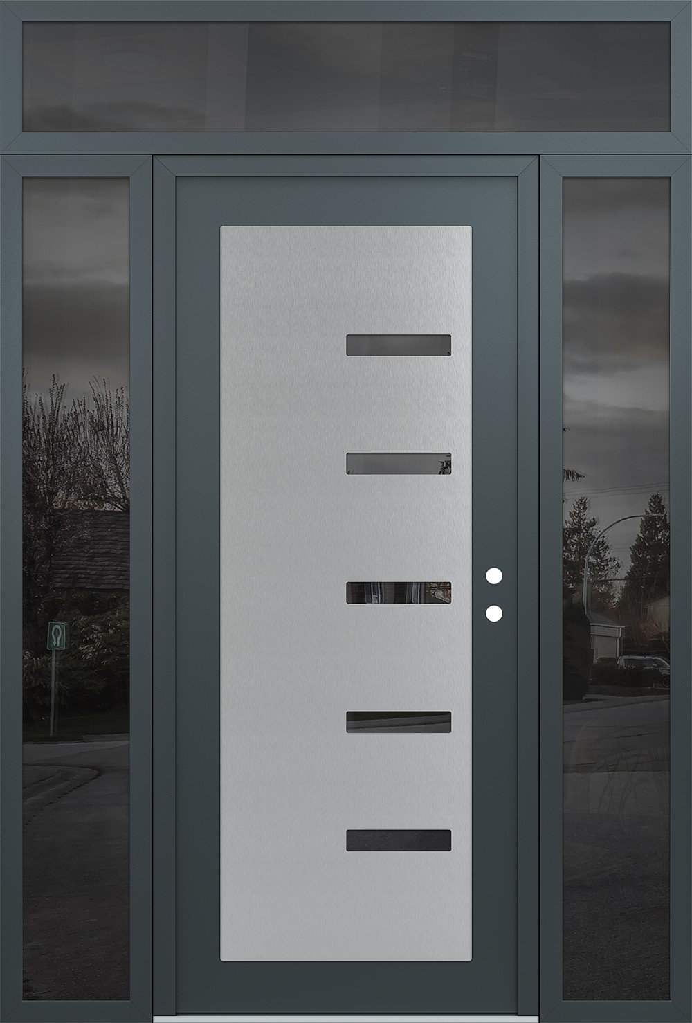 Modern Steel Front Door Diamond C8 64" x 96" anthracite/anthracite mirrored Glass Panel stainless steel LHI with 2 Sidelites and Transom mirrored Glass