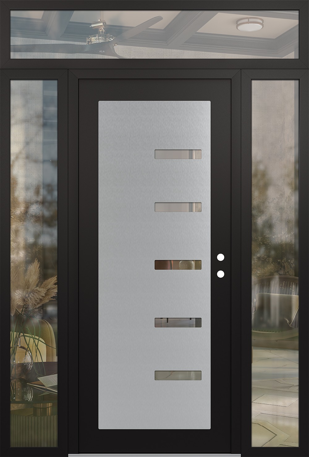 Modern Steel Front Door Diamond C8 64" x 96" black/black clear Glass Panel stainless steel LHI with 2 Sidelites and Transom clear Glass