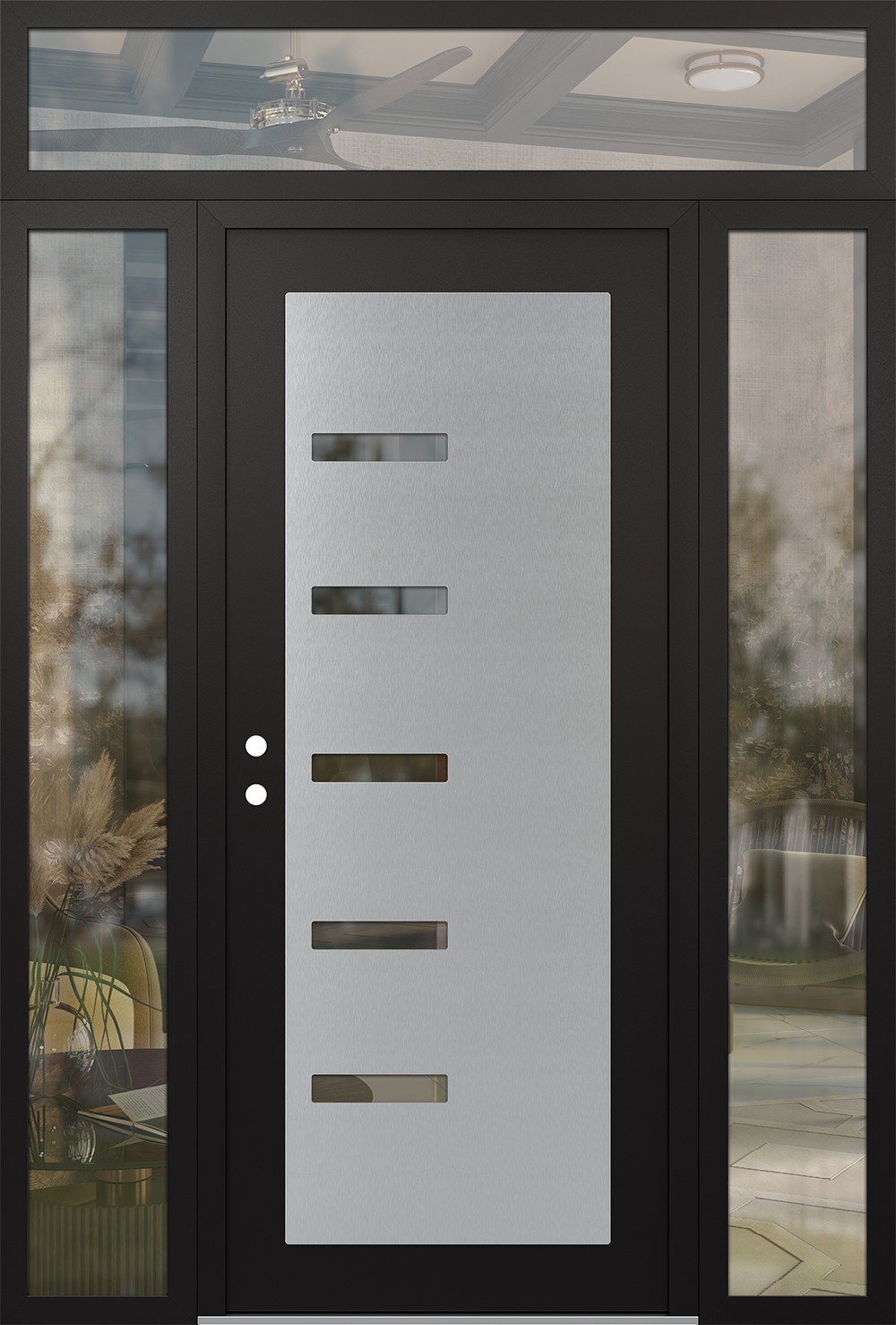 Modern Steel Front Door Diamond C8 64" x 96" black/black clear Glass Panel stainless steel RHI with 2 Sidelites and Transom clear Glass