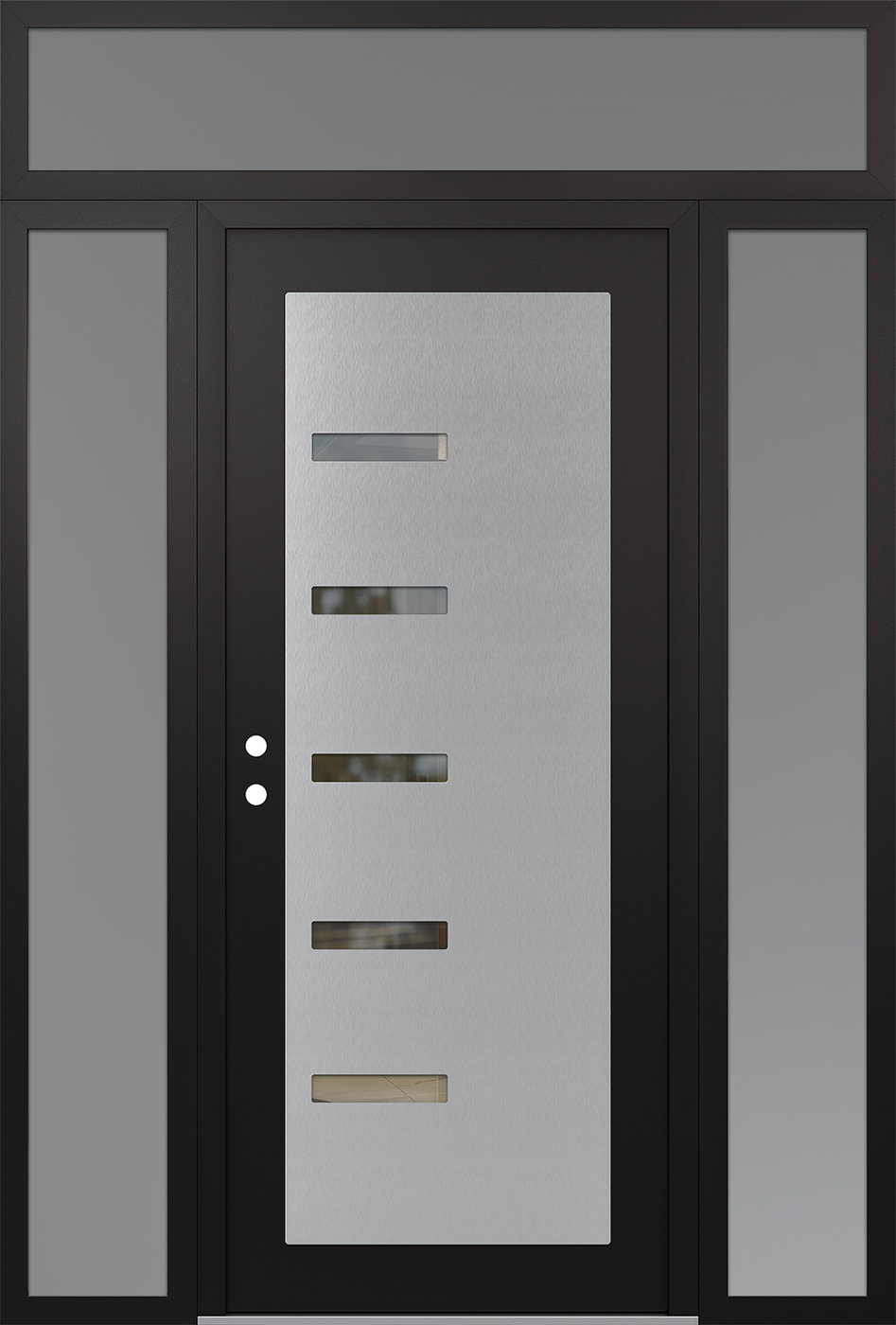Modern Steel Front Door Diamond C8 64" x 96" black/black clear Glass Panel stainless steel RHI with 2 Sidelites and Transom frosted Glass