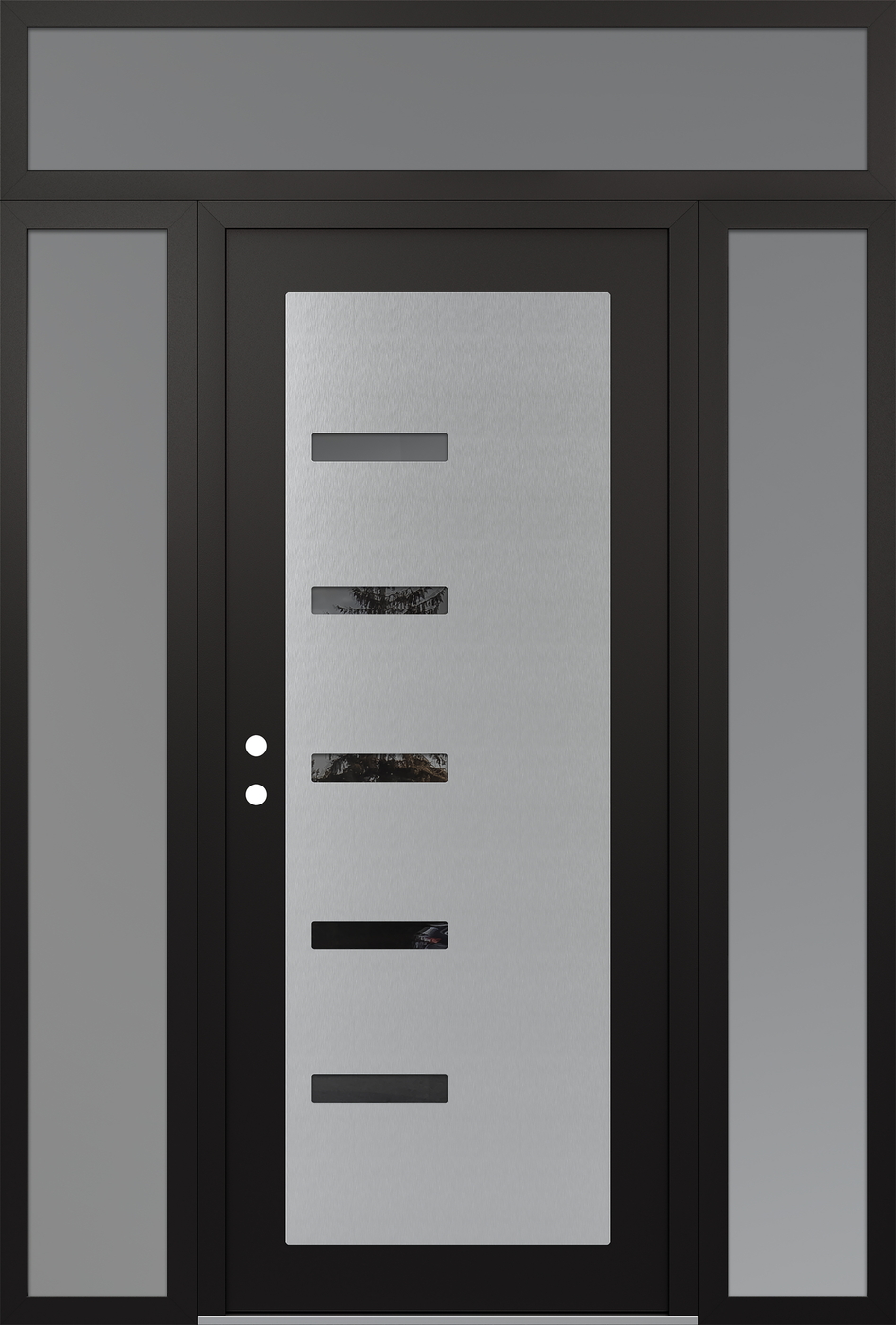 Modern Steel Front Door Diamond C8 64" x 96" black/black mirrored Glass Panel stainless steel RHI with 2 Sidelites and Transom frosted Glass