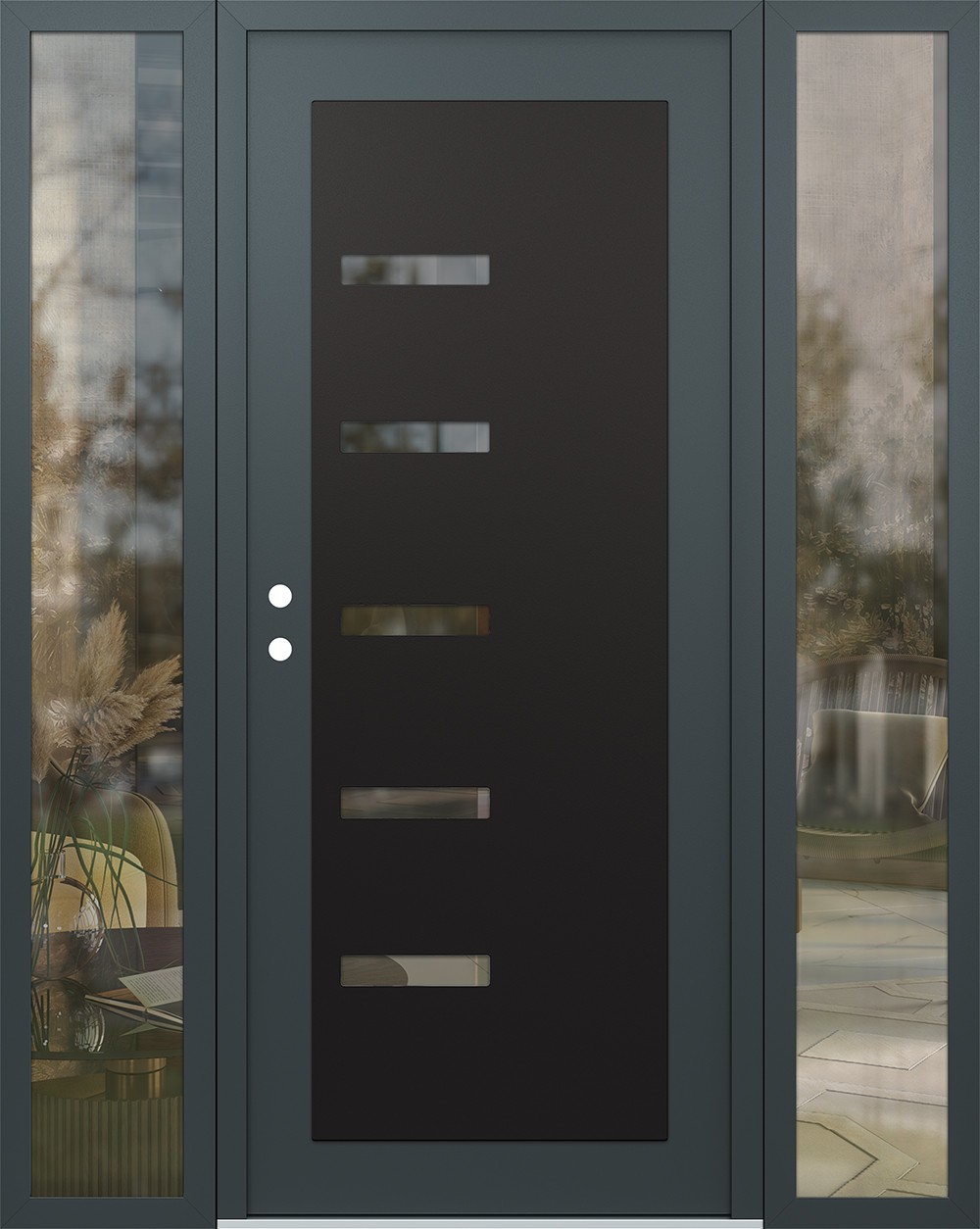 Modern Steel Front Door Diamond C8 68" x 80" anthracite/anthracite clear Glass Panel black RHI with 2 Sidelites clear Glass