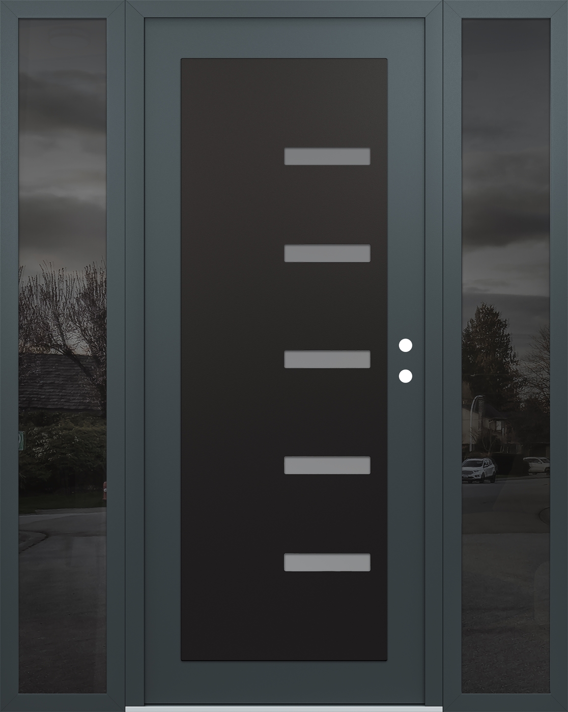 Modern Steel Front Door Diamond C8 68" x 80" anthracite/anthracite frosted Glass Panel black LHI with 2 Sidelites mirrored Glass