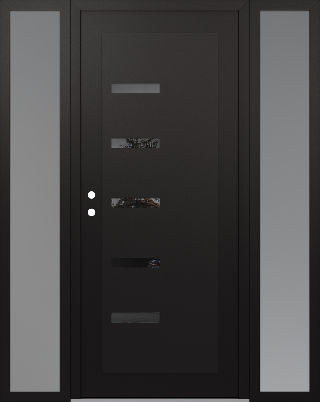 Modern Steel Front Door Diamond C8 68" x 80" black/black mirrored Glass Panel black RHI with 2 Sidelites frosted Glass
