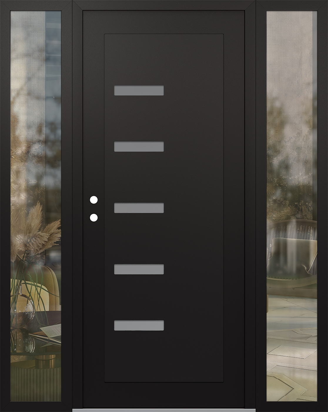 Modern Steel Front Door Diamond C8 68" x 80" black/white frosted Glass Panel black RHI with 2 Sidelites clear Glass