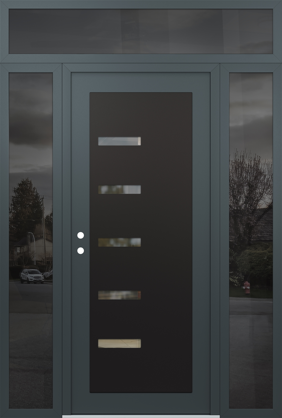 Modern Steel Front Door Diamond C8 68" x 96" anthracite/anthracite clear Glass Panel black RHI with 2 Sidelites and Transom mirrored Glass