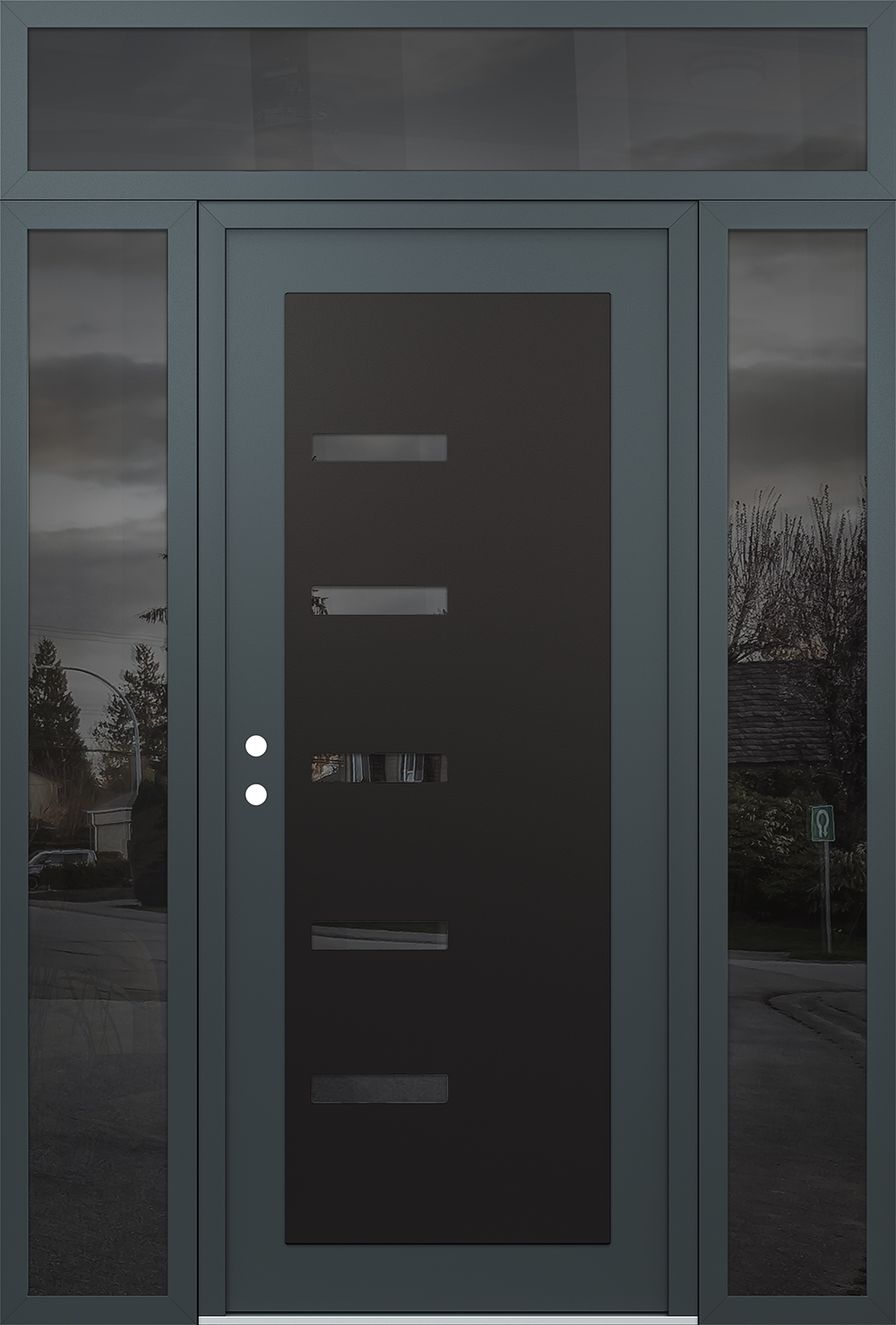 Modern Steel Front Door Diamond C8 68" x 96" anthracite/anthracite mirrored Glass Panel black RHI with 2 Sidelites and Transom mirrored Glass