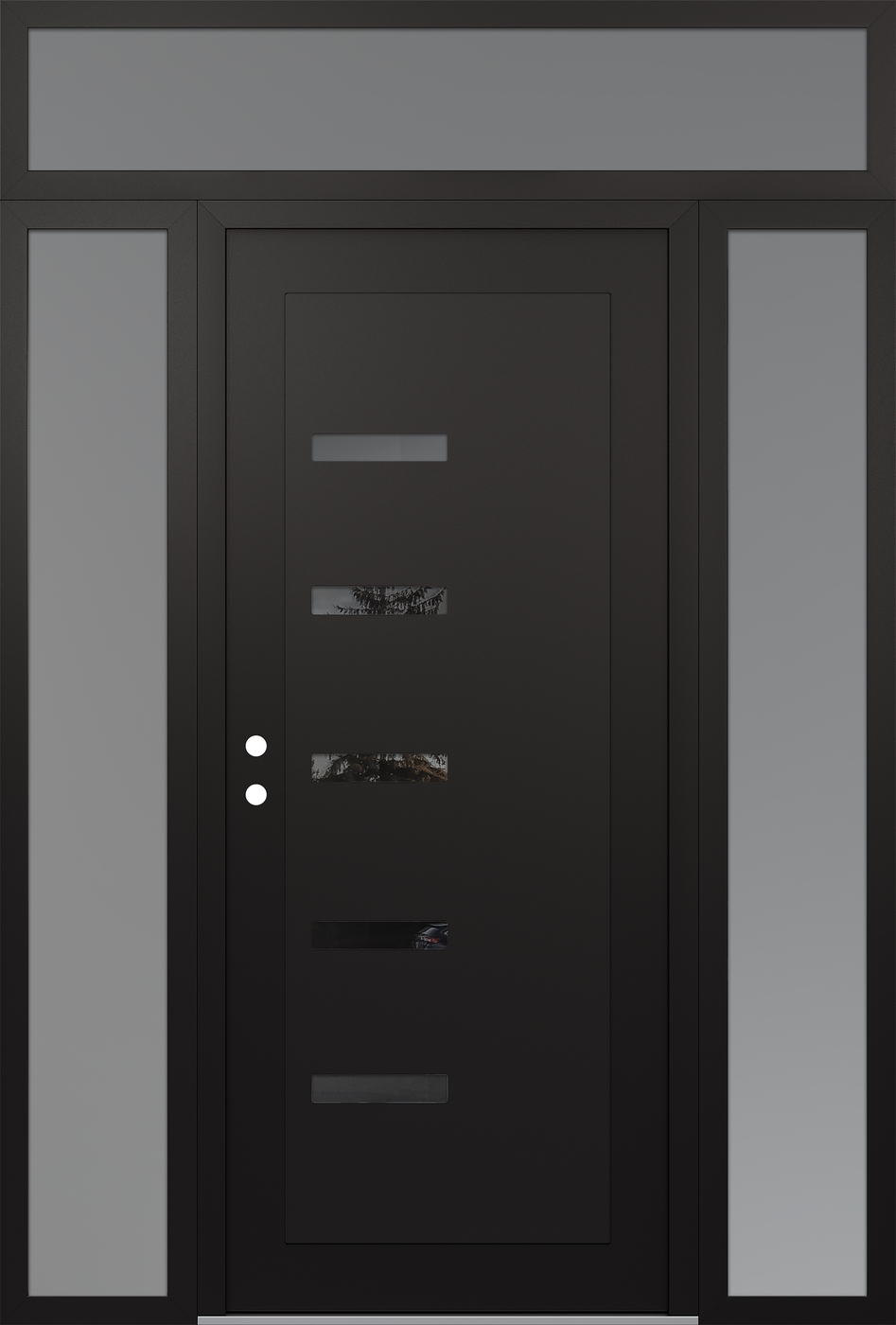 Modern Steel Front Door Diamond C8 68" x 96" black/black mirrored Glass Panel black RHI with 2 Sidelites and Transom frosted Glass
