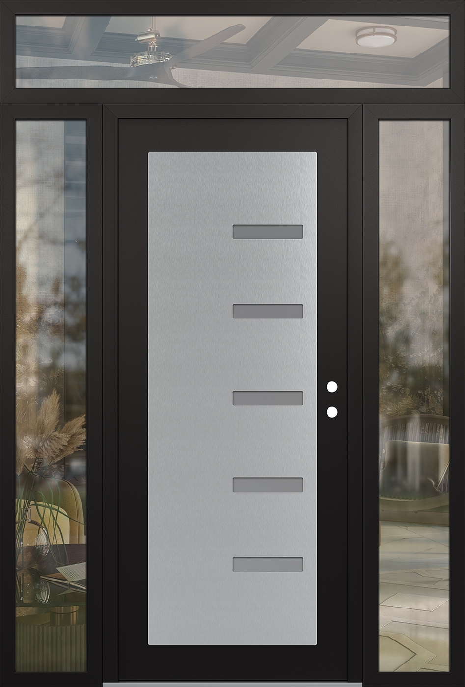 Modern Steel Front Door Diamond C8 68" x 96" black/white frosted Glass Panel stainless steel LHI with 2 Sidelites and Transom clear Glass