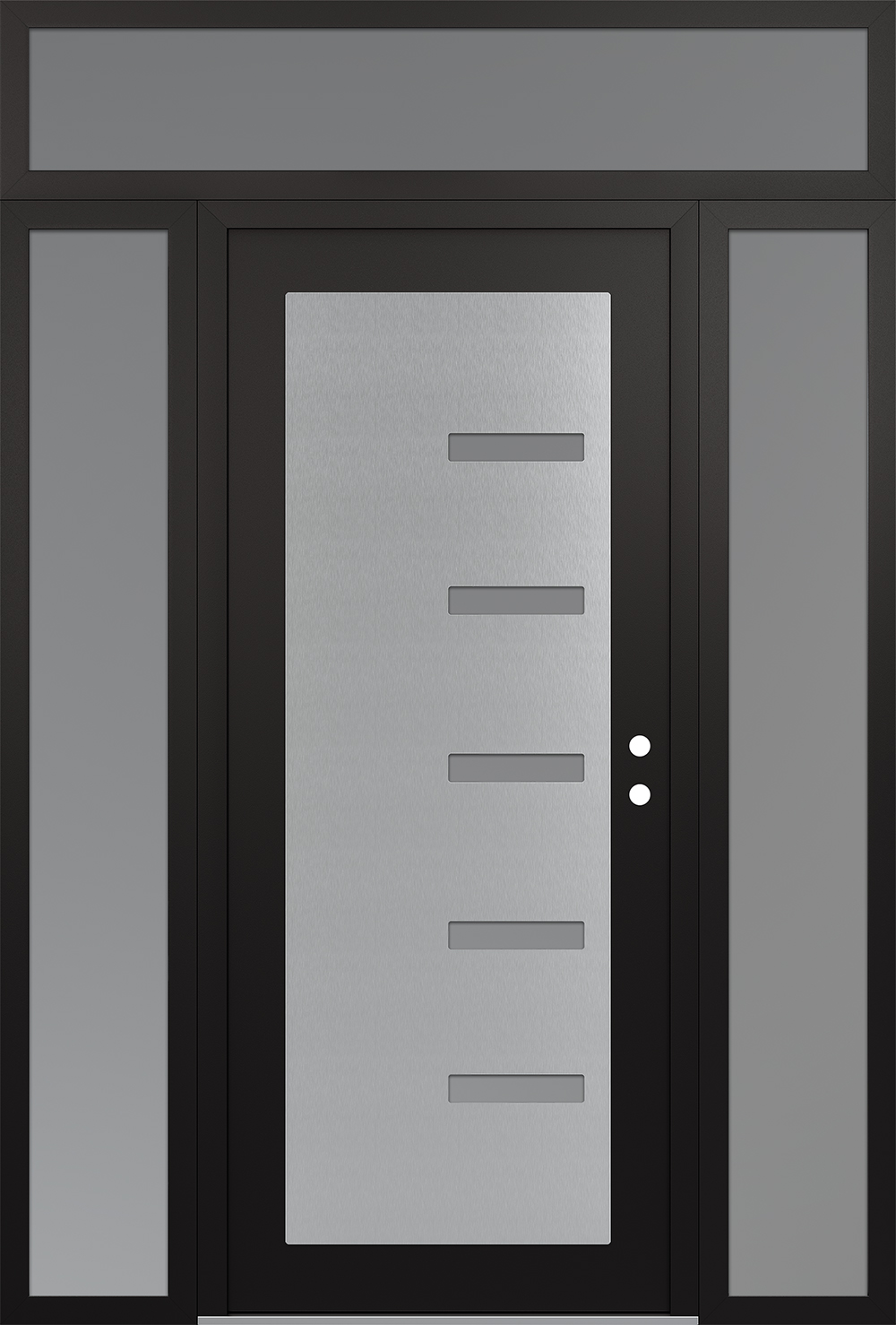 Modern Steel Front Door Diamond C8 68" x 96" black/white frosted Glass Panel stainless steel LHI with 2 Sidelites and Transom frosted Glass