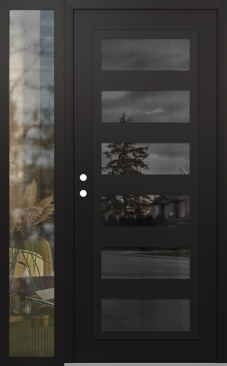 Modern Steel Front Door Diamond C9 48" x 80" black/black mirrored Glass Panel black RHI with Sidelite clear Glass