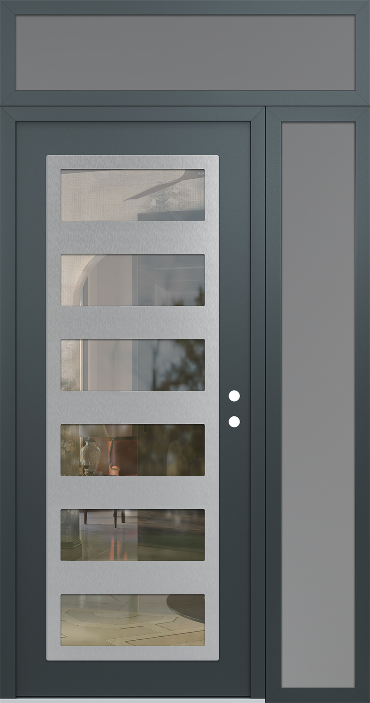 Modern Steel Front Door Diamond C9 48" x 96" anthracite/anthracite clear Glass Panel stainless steel LHI with Sidelite and Transom frosted Glass