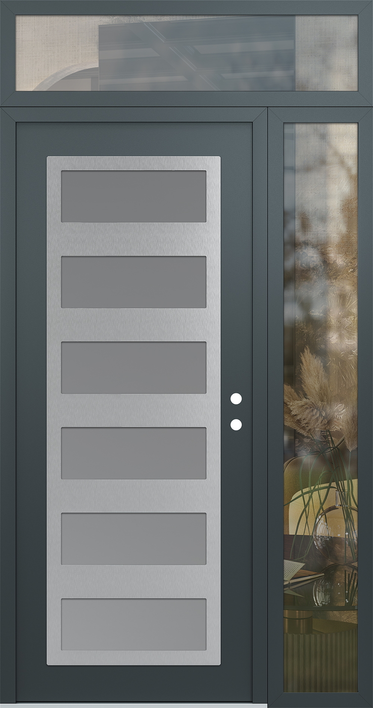 Modern Steel Front Door Diamond C9 48" x 96" anthracite/anthracite frosted Glass Panel stainless steel LHI with Sidelite and Transom clear Glass