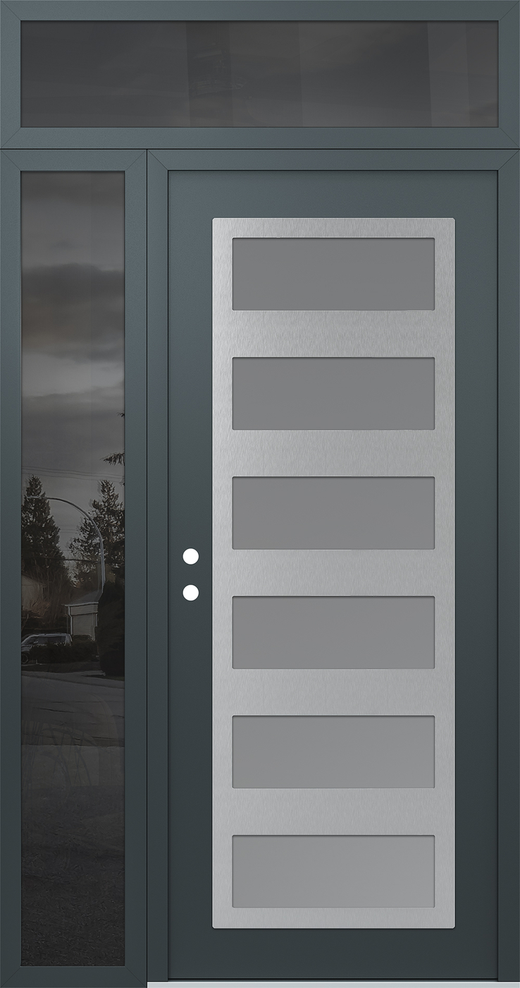 Modern Steel Front Door Diamond C9 48" x 96" anthracite/anthracite frosted Glass Panel stainless steel RHI with Sidelite and Transom mirrored Glass