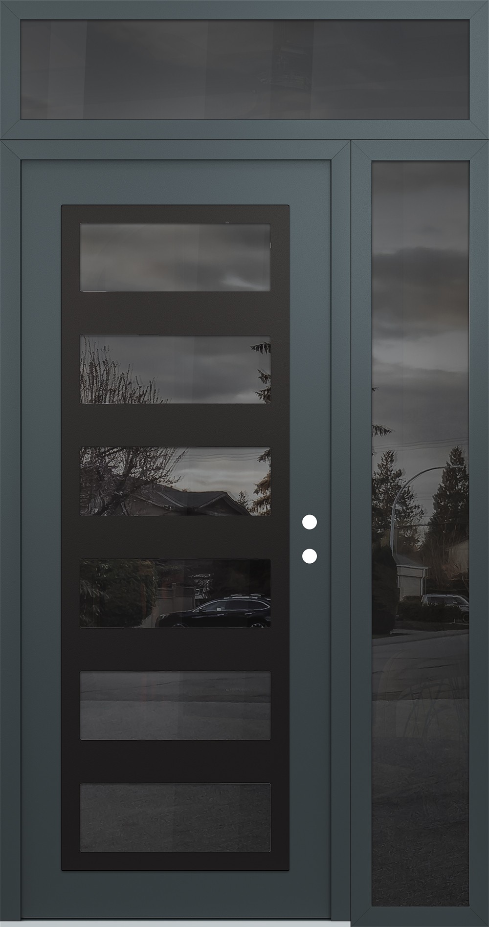 Modern Steel Front Door Diamond C9 48" x 96" anthracite/anthracite mirrored Glass Panel black LHI with Sidelite and Transom mirrored Glass