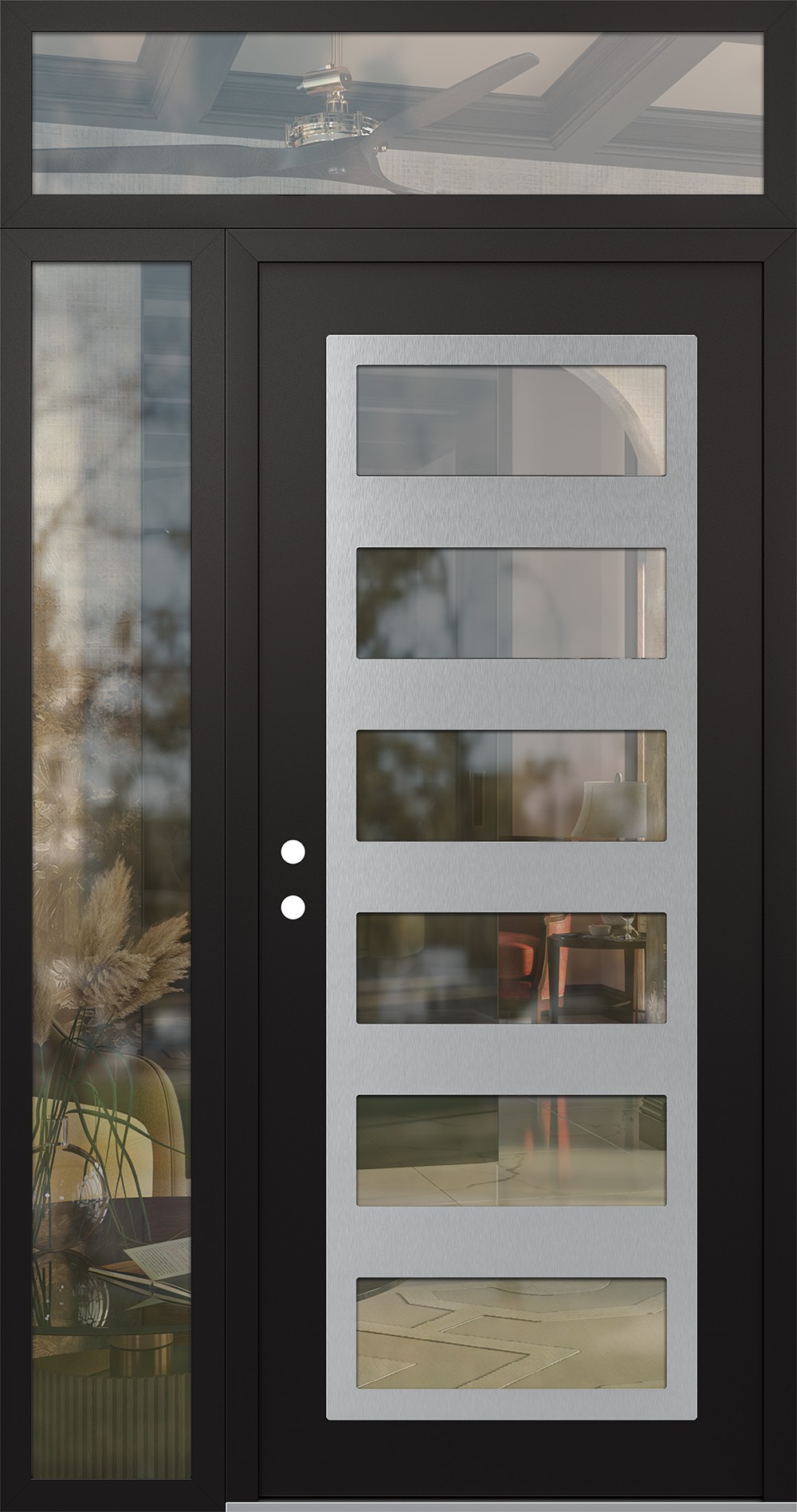 Modern Steel Front Door Diamond C9 48" x 96" black/black clear Glass Panel stainless steel RHI with Sidelite and Transom clear Glass