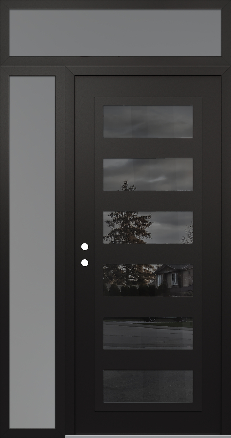 Modern Steel Front Door Diamond C9 48" x 96" black/black mirrored Glass Panel black RHI with Sidelite and Transom frosted Glass