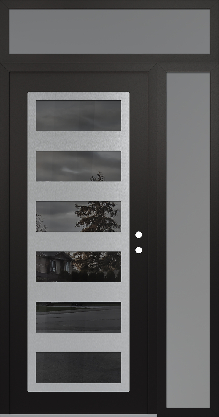 Modern Steel Front Door Diamond C9 48" x 96" black/black mirrored Glass Panel stainless steel LHI with Sidelite and Transom frosted Glass
