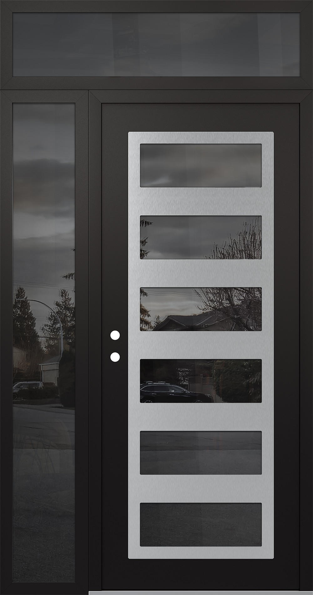 Modern Steel Front Door Diamond C9 48" x 96" black/black mirrored Glass Panel stainless steel RHI with Sidelite and Transom mirrored Glass
