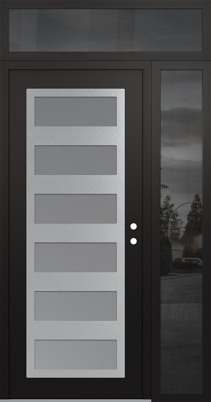 Modern Steel Front Door Diamond C9 48" x 96" black/white frosted Glass Panel stainless steel LHI with Sidelite and Transom mirrored Glass