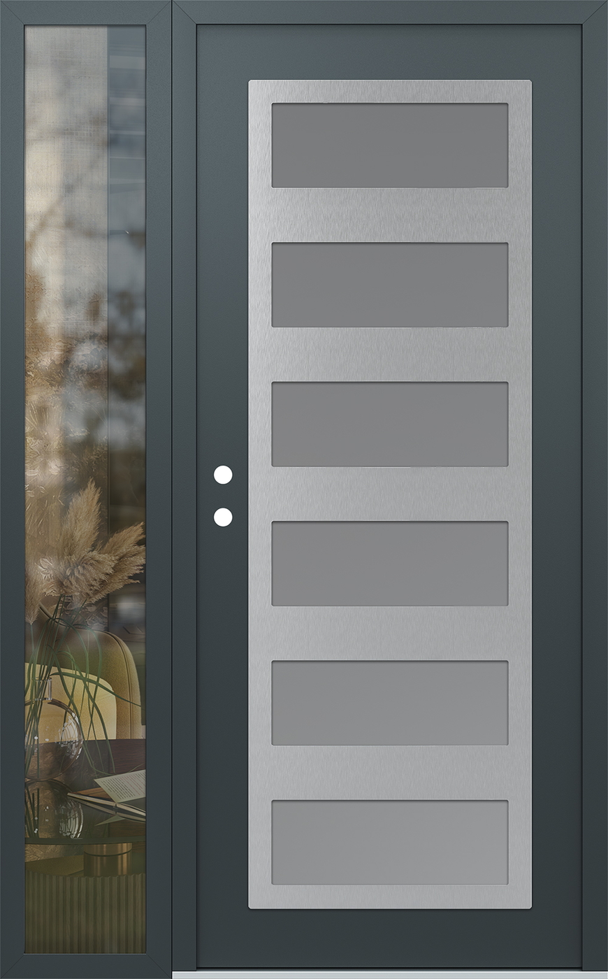 Modern Steel Front Door Diamond C9 50" x 80" anthracite/anthracite frosted Glass Panel stainless steel RHI with Sidelite clear Glass