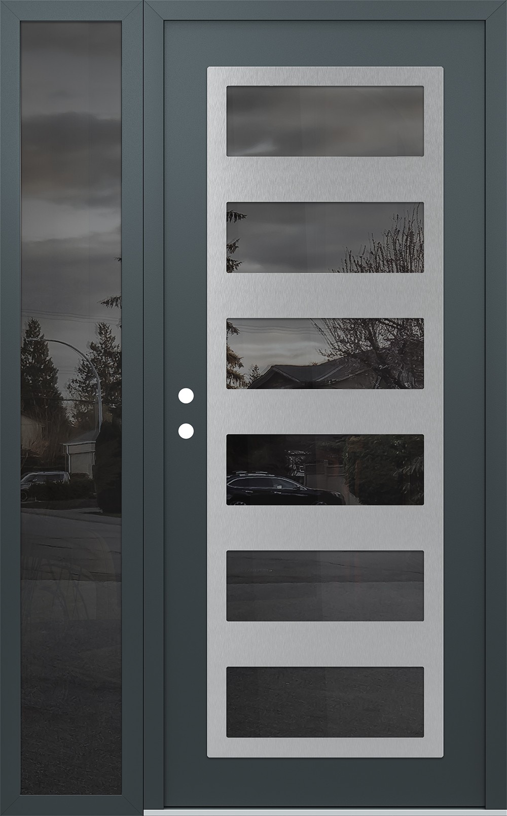 Modern Steel Front Door Diamond C9 50" x 80" anthracite/anthracite mirrored Glass Panel stainless steel RHI with Sidelite mirrored Glass