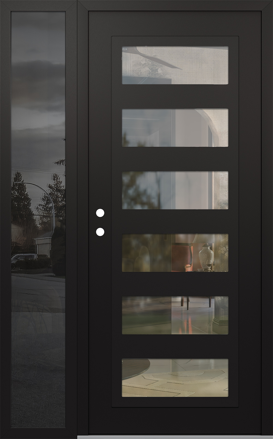 Modern Steel Front Door Diamond C9 50" x 80" black/black clear Glass Panel black RHI with Sidelite mirrored Glass
