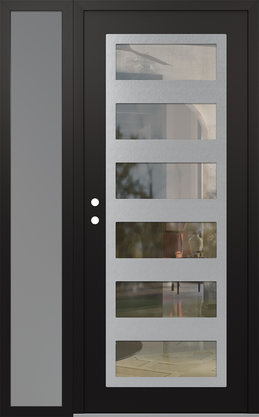 Modern Steel Front Door Diamond C9 50" x 80" black/black clear Glass Panel stainless steel RHI with Sidelite frosted Glass