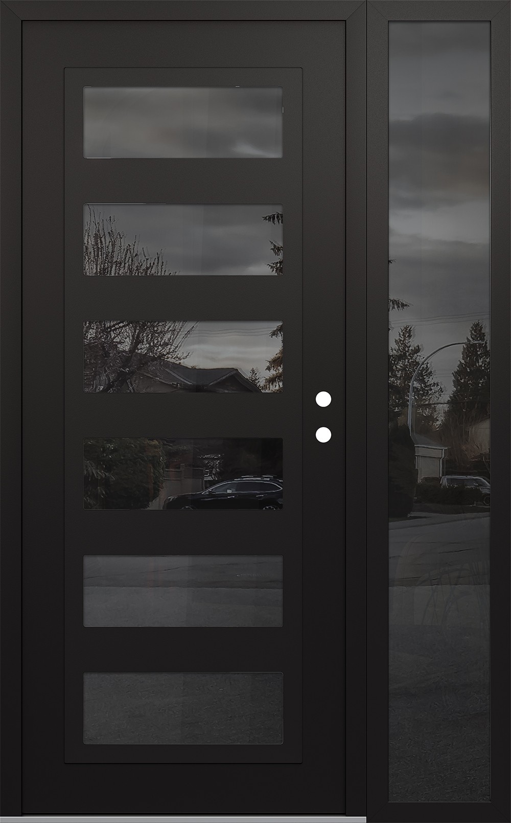 Modern Steel Front Door Diamond C9 50" x 80" black/black mirrored Glass Panel black LHI with Sidelite mirrored Glass