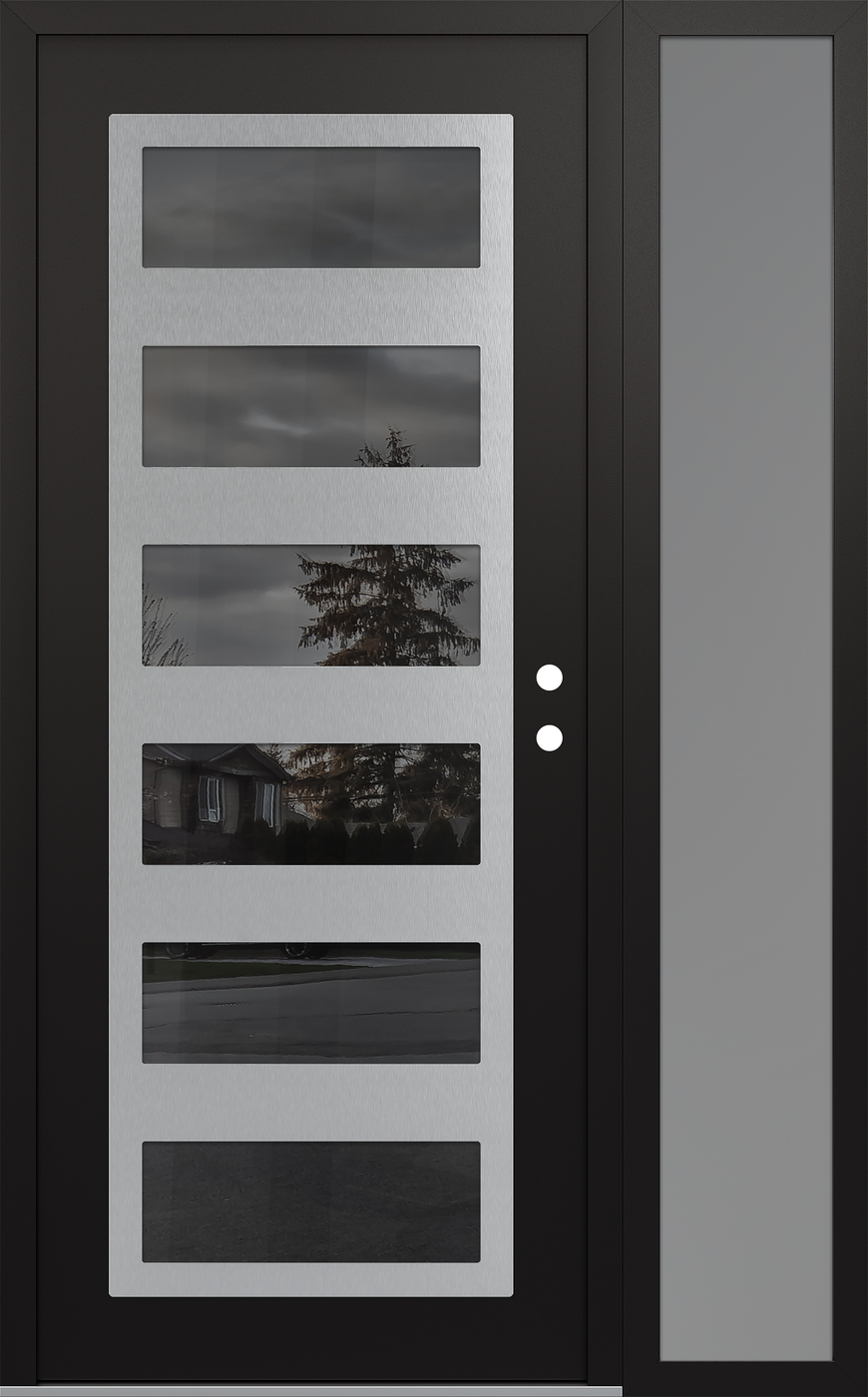 Modern Steel Front Door Diamond C9 50" x 80" black/black mirrored Glass Panel stainless steel LHI with Sidelite frosted Glass