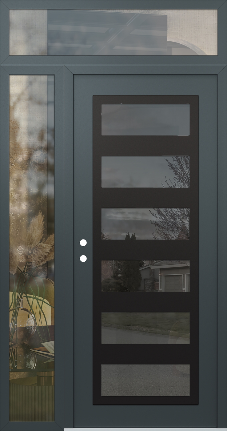 Modern Steel Front Door Diamond C9 50" x 96" anthracite/anthracite mirrored Glass Panel black RHI with Sidelite and Transom clear Glass