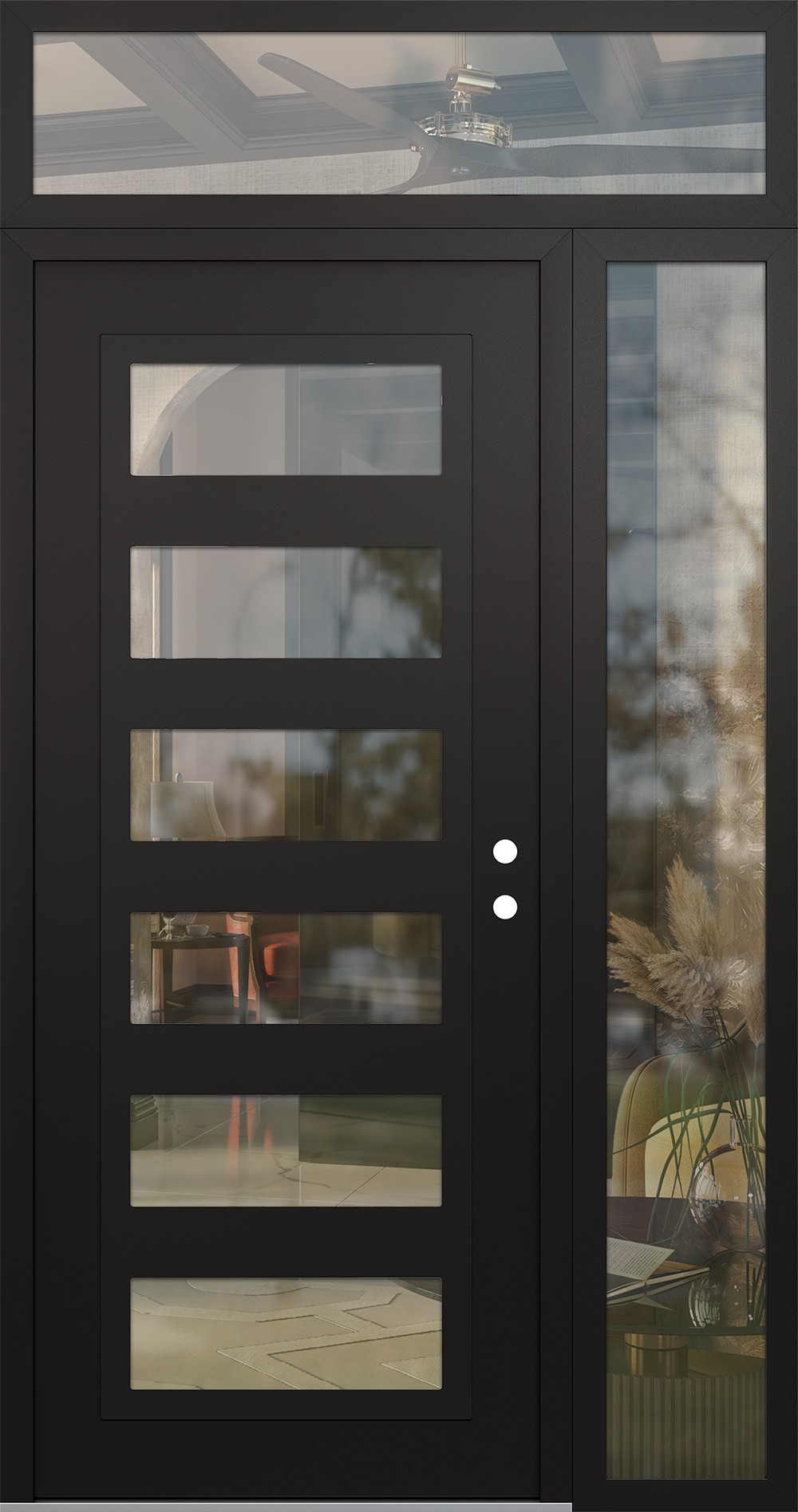 Modern Steel Front Door Diamond C9 50" x 96" black/black clear Glass Panel black LHI with Sidelite and Transom clear Glass