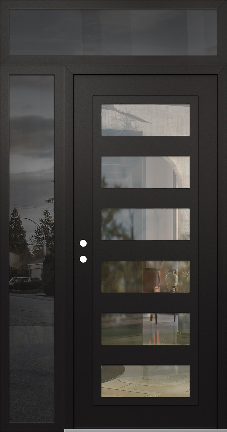 Modern Steel Front Door Diamond C9 50" x 96" black/black clear Glass Panel black RHI with Sidelite and Transom mirrored Glass