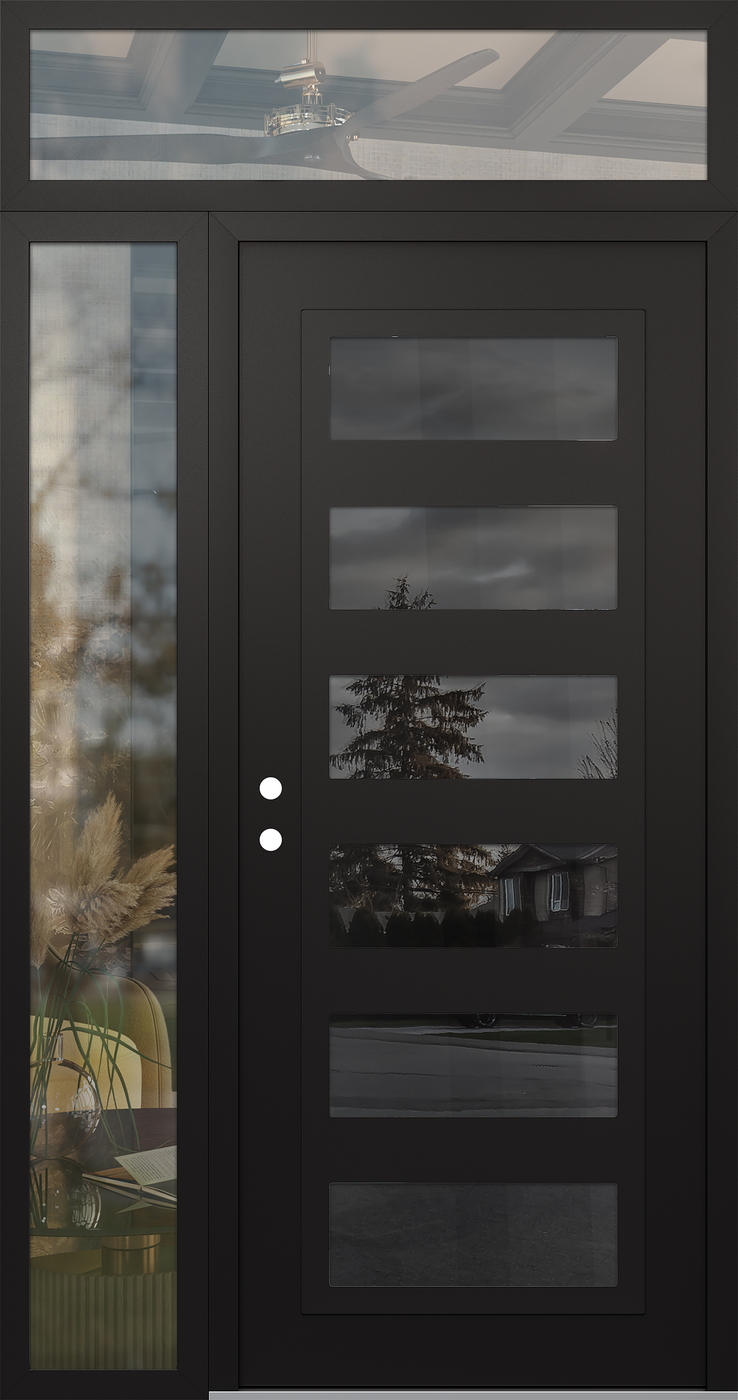 Modern Steel Front Door Diamond C9 50" x 96" black/black mirrored Glass Panel black RHI with Sidelite and Transom clear Glass