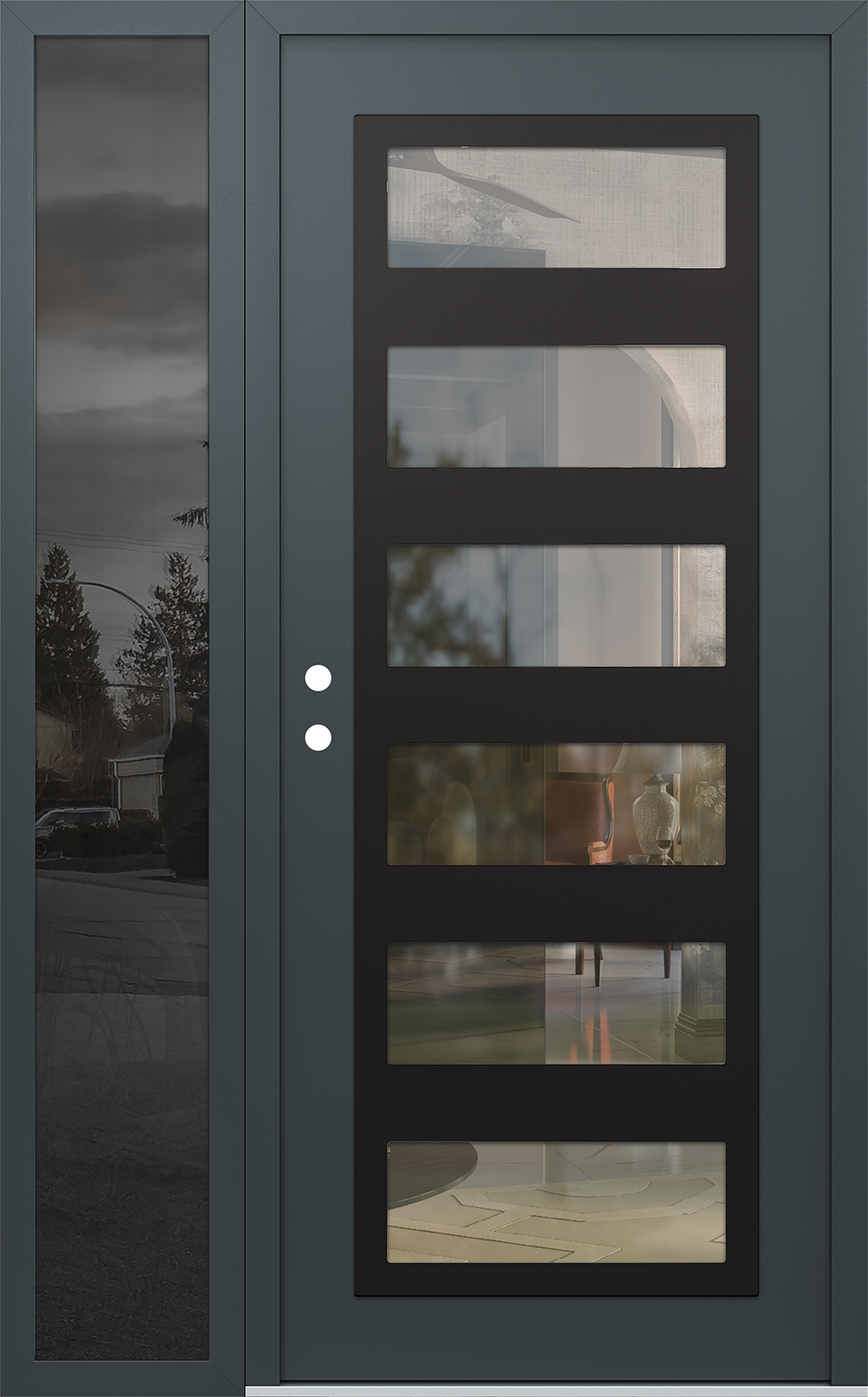 Modern Steel Front Door Diamond C9 52" x 80" anthracite/anthracite clear Glass Panel black RHI with Sidelite mirrored Glass