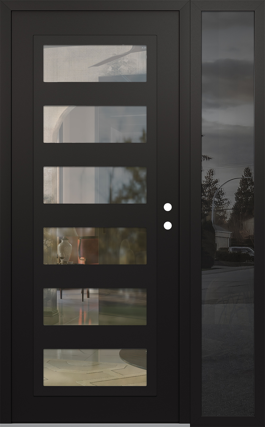 Modern Steel Front Door Diamond C9 52" x 80" black/black clear Glass Panel black LHI with Sidelite mirrored Glass