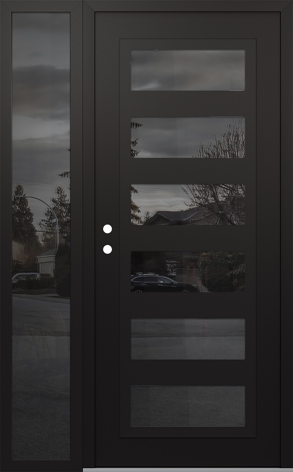 Modern Steel Front Door Diamond C9 52" x 80" black/black mirrored Glass Panel black RHI with Sidelite mirrored Glass