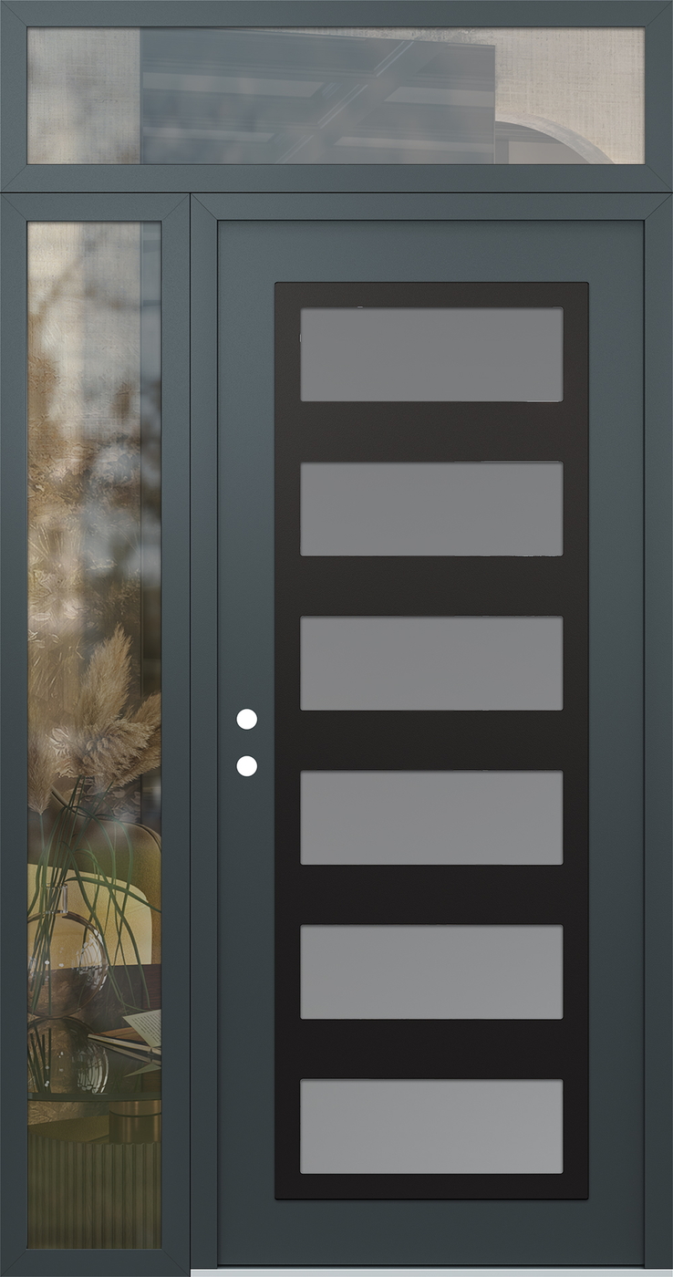 Modern Steel Front Door Diamond C9 52" x 96" anthracite/anthracite frosted Glass Panel black RHI with Sidelite and Transom clear Glass