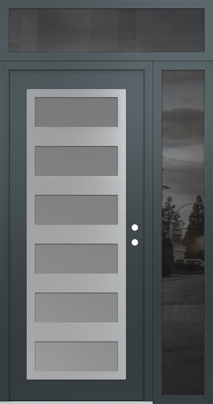 Modern Steel Front Door Diamond C9 52" x 96" anthracite/anthracite frosted Glass Panel stainless steel LHI with Sidelite and Transom mirrored Glass