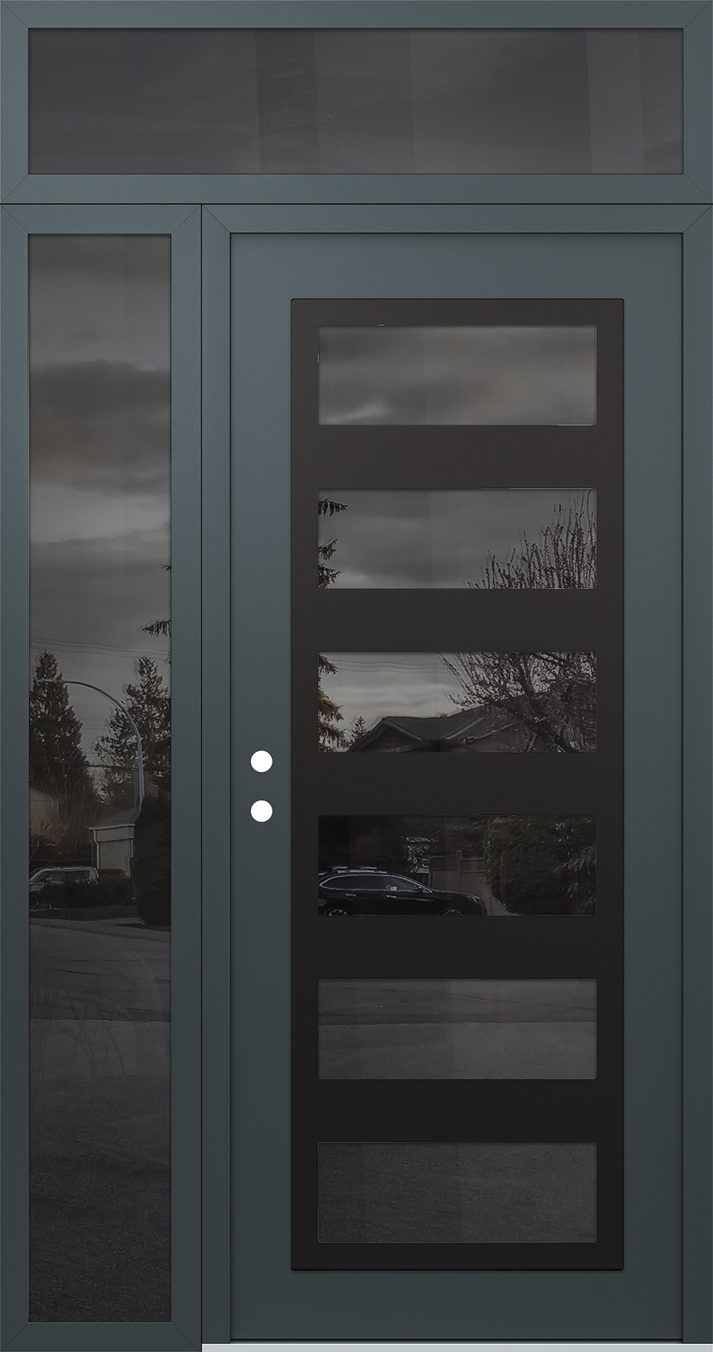 Modern Steel Front Door Diamond C9 52" x 96" anthracite/anthracite mirrored Glass Panel black RHI with Sidelite and Transom mirrored Glass