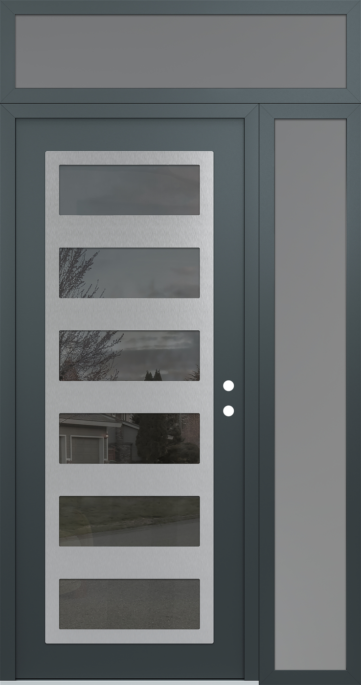 Modern Steel Front Door Diamond C9 52" x 96" anthracite/anthracite mirrored Glass Panel stainless steel LHI with Sidelite and Transom frosted Glass