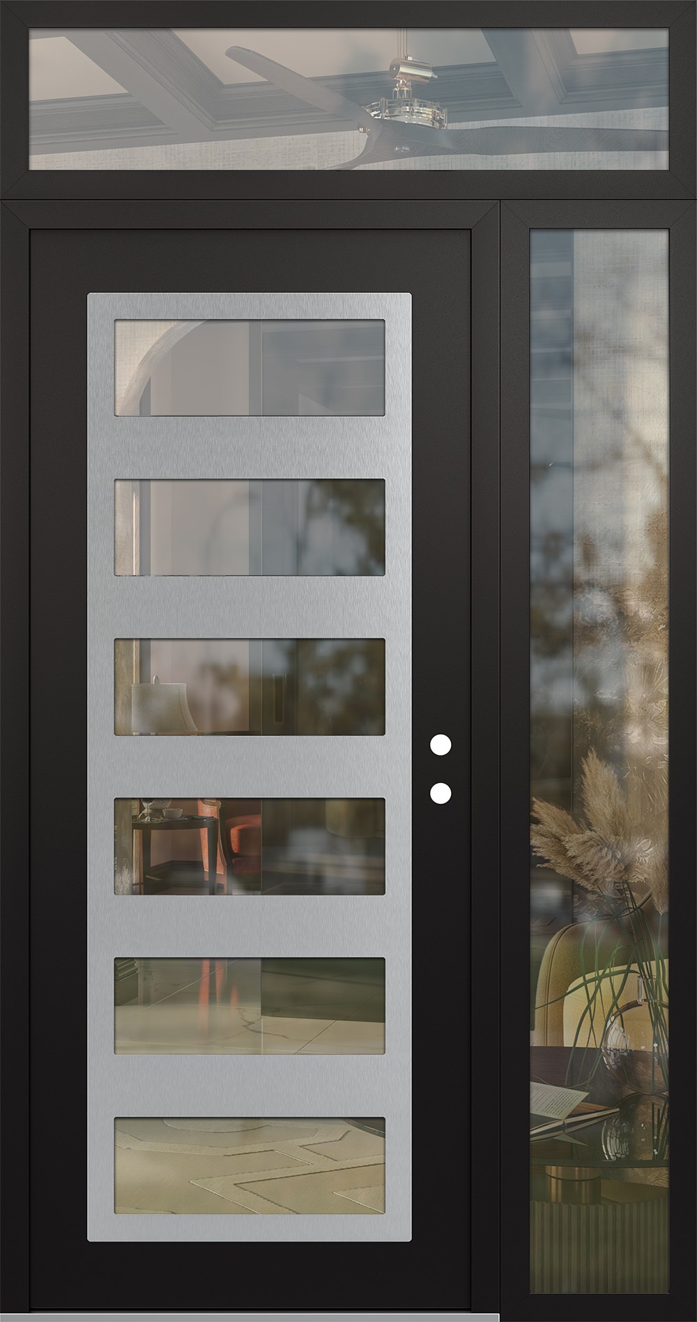 Modern Steel Front Door Diamond C9 52" x 96" black/black clear Glass Panel stainless steel LHI with Sidelite and Transom clear Glass
