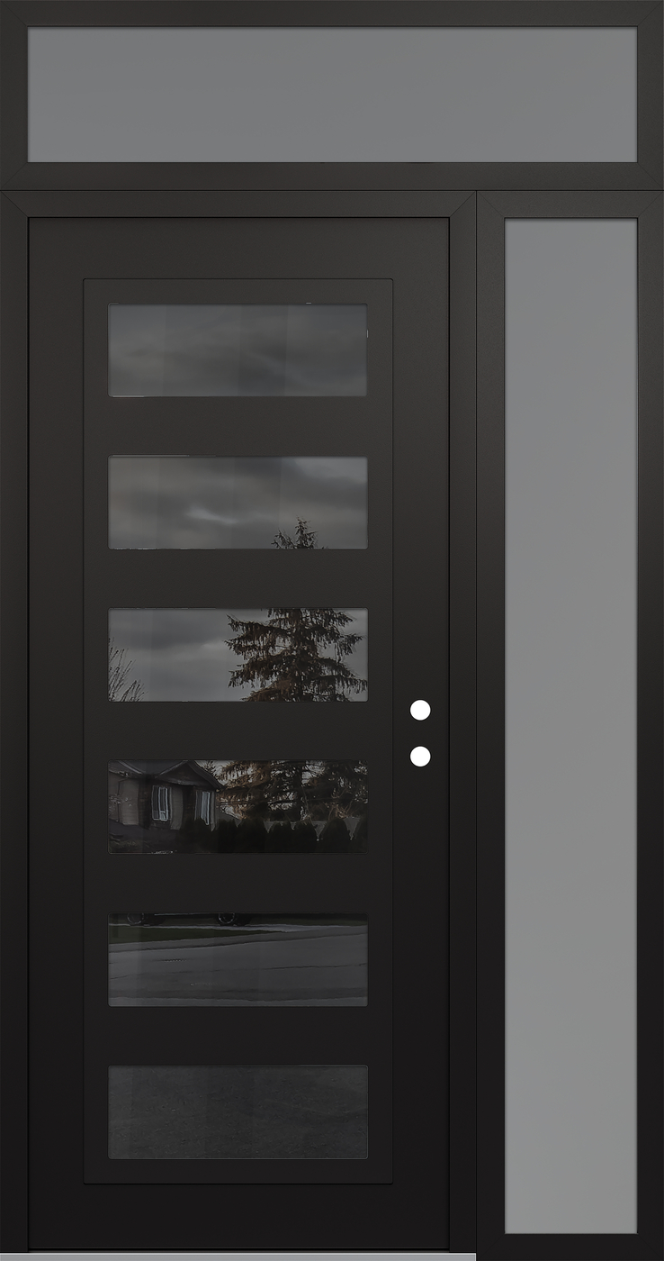 Modern Steel Front Door Diamond C9 52" x 96" black/black mirrored Glass Panel black LHI with Sidelite and Transom frosted Glass