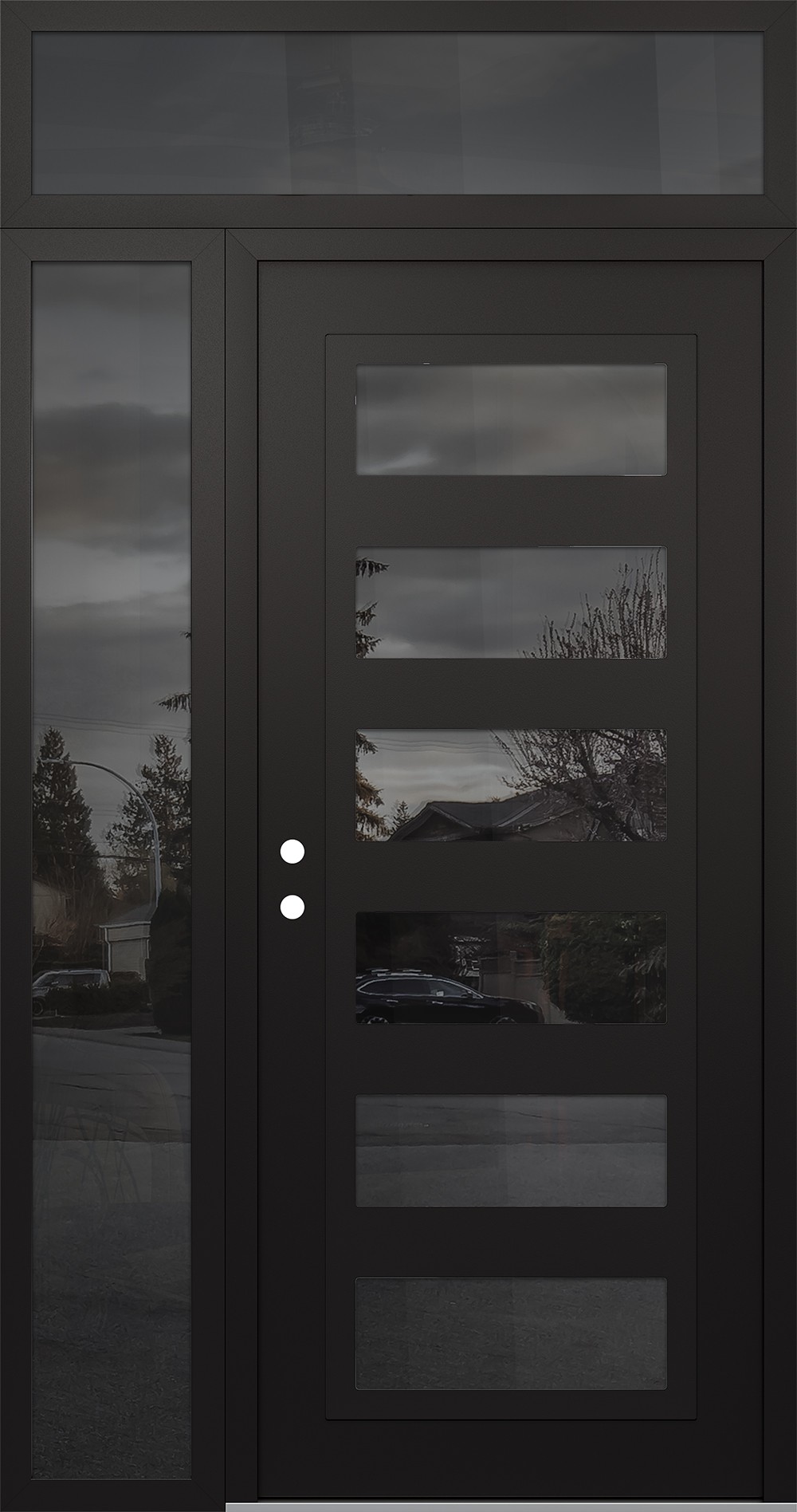 Modern Steel Front Door Diamond C9 52" x 96" black/black mirrored Glass Panel black RHI with Sidelite and Transom mirrored Glass