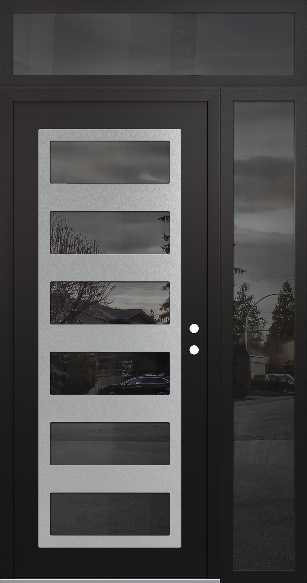 Modern Steel Front Door Diamond C9 52" x 96" black/black mirrored Glass Panel stainless steel LHI with Sidelite and Transom mirrored Glass
